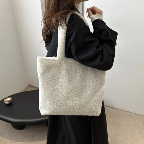 Bolso de Mano de Felpa de Invierno para Mujer Gran Capacidad de Lana de Cordero Bolso de Hombro de Color Sólido a la Moda para el Día a Día
