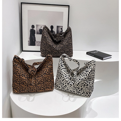 Borsa Tote Con Stampa Leopardata Tela Grande Capacità Borsa A Spalla Hobo Casual Moda Retrò Donne