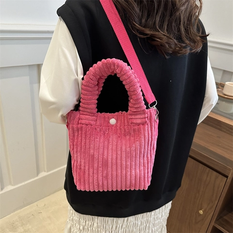 Women Casual Corduroy Bucket Bag Minimalist Striped Crossbody Shoulder Bag With Adjustable Strap For Daily Street Handbag