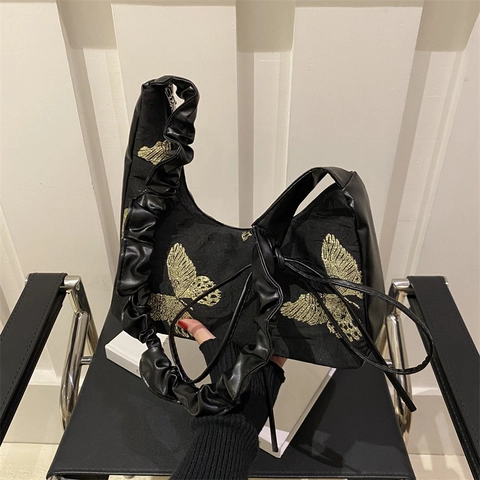 Borsa Hobo Da Sottobraccio Donna Ricamo Farfalla Manico Arricciato Borsa A Spalla Vintage Chic Tessuto Fiocco Decor Quotidiano