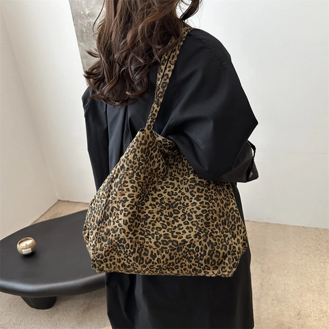 Women Leopard Print Nylon Large Capacity Tote Bag Casual Minimalist Shoulder Bag With Leather Accent Fashion Commute Handbag