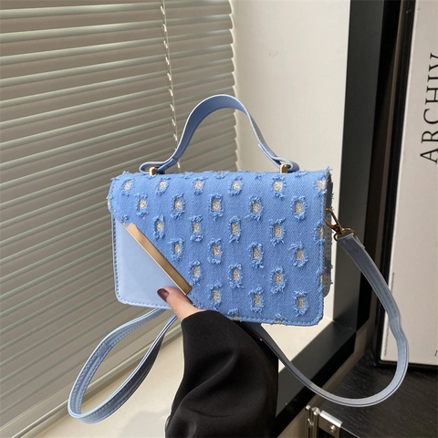 Borsa a Tracolla in PU e Denim Patchwork da Donna alla Moda Con Paillettes e Barra in Metallo Borsa a Tracolla Quadrata Vintage