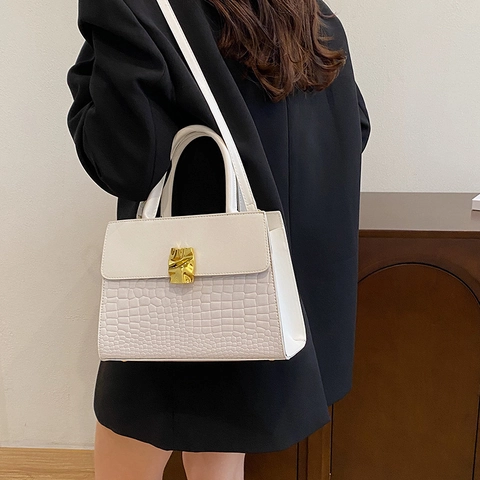 Moderne Minimalistische Damen PU Leder Patchwork Handtasche Krokodilmuster Gold Metallsperre Schulter Umhängetasche Mode Täglich Vielseitiges Accessoire