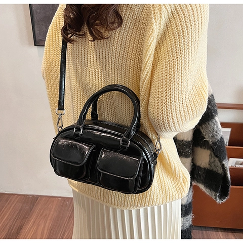 Women Retro PU Leather Bowling Bag Top Handle Satchel Bag With Front Pockets Casual Shoulder Crossbody Bag