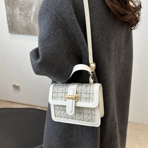 Tweed PU Leather Crossbody Bag Women Top Handle Small Square Handbag Elegant Shoulder Bag With Metal Buckle