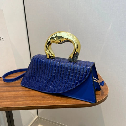 Sac À Main En Cuir PU À Motif Crocodile Avec Poignée En Métal Doré Sac À Bandoulière Géométrique Asymétrique Verni Pour Femmes