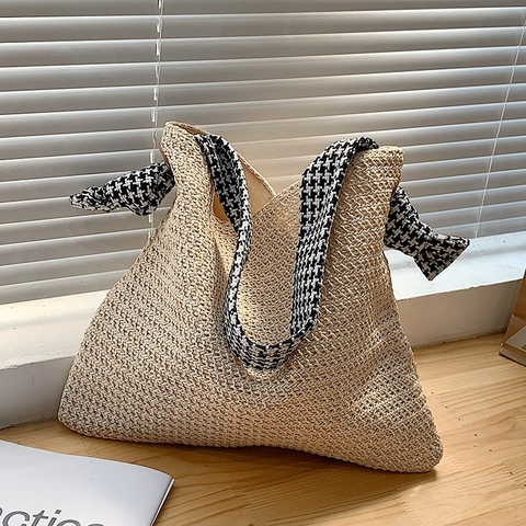 Damen Ländlicher Stil Gewebte Stroh Handtasche Minimalistische Mode Hahnentritt Gurt Tote Bag Lässige Urlaub Schultertasche Für Damen