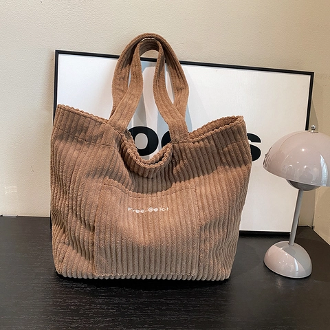 Bolso Tote de Pana de Gran Capacidad para Mujer Simple Color Sólido Bolso de Hombro Con Bolsillo Bordado Cierre de Cremallera