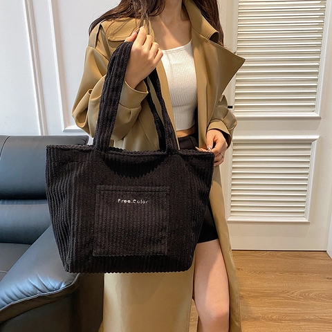 Bolso Tote de Pana de Gran Capacidad para Mujer Simple Color Sólido Bolso de Hombro Con Bolsillo Bordado Cierre de Cremallera