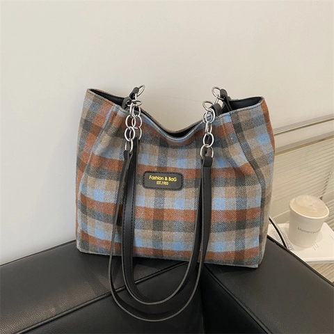 Damen Karo Wollen Tote Bag Vintage Schulter Umhängetasche Mit Kettengurt Große Kapazität Lässige Mode Pendeltasche
