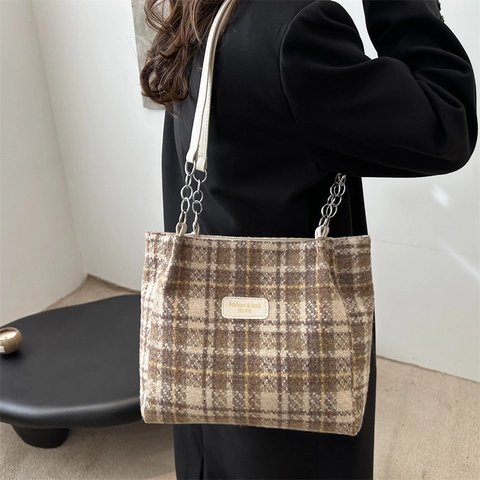Damen Karo Wollen Tote Bag Vintage Schulter Umhängetasche Mit Kettengurt Große Kapazität Lässige Mode Pendeltasche