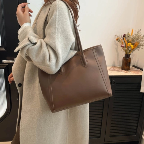 Bolso Tote de Piel PU Vintage Gran Capacidad para Mujer Color Sólido Bolso de Hombro Urbano Estilo Coreano Bolso de Mano Pespunteado