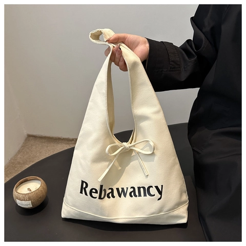 Canvas Tote Bag Große Kapazität Koreanischer Ins Stil Für Frauen Mit Schleifendekor Buchstaben Druck Lässige Handtasche