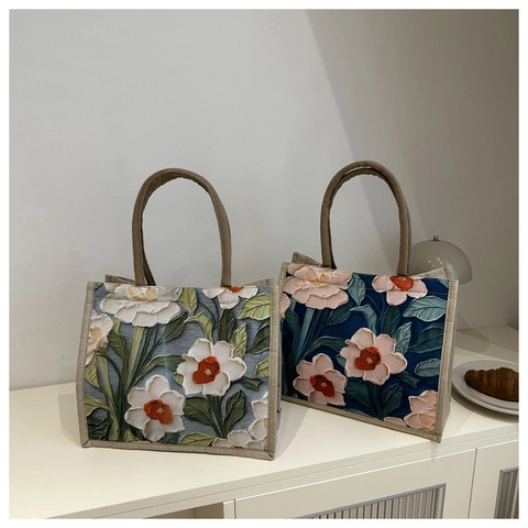 Borsa Tote Floreale Da Donna Tela Lino 3D Stile Pittura Ad Olio Grande Capacità Borsa A Mano Vintage Etnico Retro