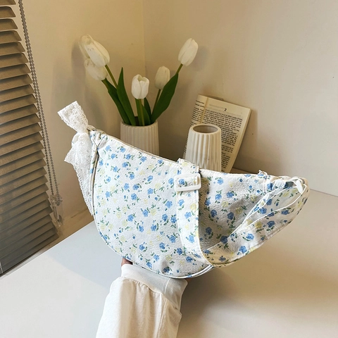 Florale Canvas Umhängetasche Für Damen Halbmondform Mit Spitzenschleife Verstellbarer Riemen Koreanischer Stil Tasche