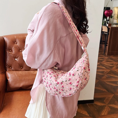 Florale Canvas Umhängetasche Für Damen Halbmondform Mit Spitzenschleife Verstellbarer Riemen Koreanischer Stil Tasche