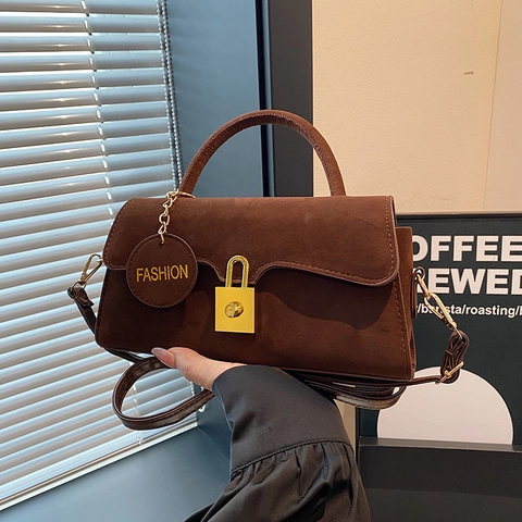 Borsa a Spalla da Donna Vintage in Pelle PU Testura Scamosciata Opaca Borsa a Tracolla Quadrata Con Chiusura in Metallo Oro