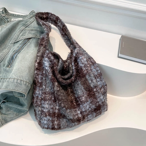 Mode Damen Große Kapazität Plüsch Leopardenmuster Plaid Tote Tasche Kunstpelz Warme Umhängetasche Herbst Winter Hobo Tasche Lässige Unterarmtasche