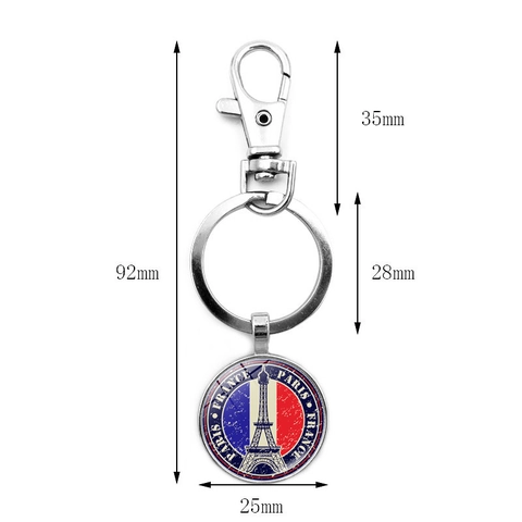 Vintage Paris France Eiffel Tower Keychain Zinc Alloy Glass Cabochon French Flag Architecture Souvenir Pendant Key Ring