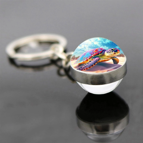 Porte-Clés Tortue De Mer Avec Pendentif Boule De Verre Double Face Vie Océanique Colorée Art Animal Marin Anneau En Alliage De Zinc