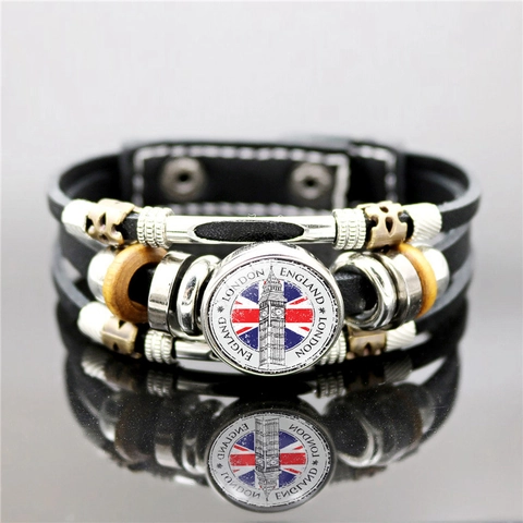 Bracciale Pelle Multistrato Retro Londra Inghilterra Big Ben Union Jack Stile Punk Unisex Lega Perline Legno Gioielli
