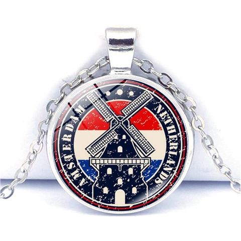 Vintage National Flag Landmark Building Pendant Necklace Silver Zinc Alloy Glass Cabochon World Travel Souvenir Jewelry For Unisex