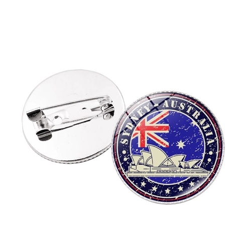 Vintage Alloy Glass Round National Flag Landmark Brooch Pin Retro World Travel Souvenir Badge For Clothing Bag Accessories Women Men Jewelry