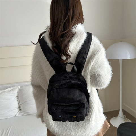 Cute Plush Mini Backpack For Women Faux Fur Small Shoulder Bag With Embroidery Letter Fashion Colored Dots Decorative Bag
