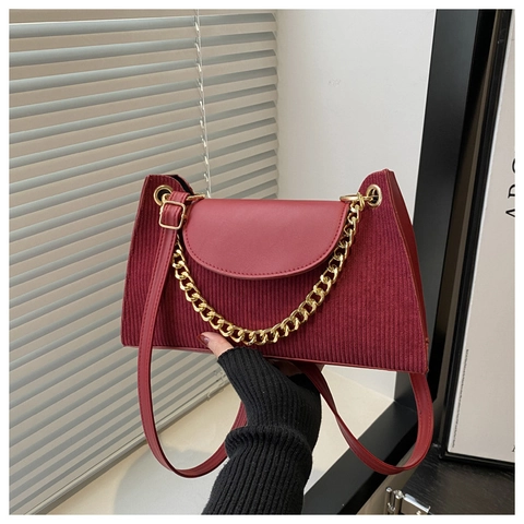 Vintage Corduroy PU Leather Patchwork Underarm Bag For Women Fashion Gold Chain Shoulder Crossbody Bag Daily Versatile Handbag