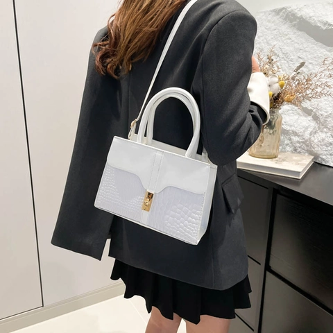 Sac à Épaule pour Femme en Cuir PU Gaufrage Crocodile Élégant Sacoche de Bureau Avec Verrou Doré et Poignée Supérieure