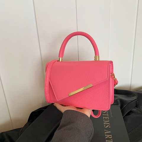 Bolso Cuadrado Pequeño para Mujer Cuero PU Minimalista Color Sólido Grano de Litchi Bolso de Hombro Con Decoración de Metal Dorado