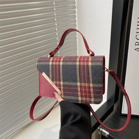 Retro Plaid Patchwork Crossbody Handbag For Women PU Leather And Woolen Fabric Small Square Bag With Metal Decor