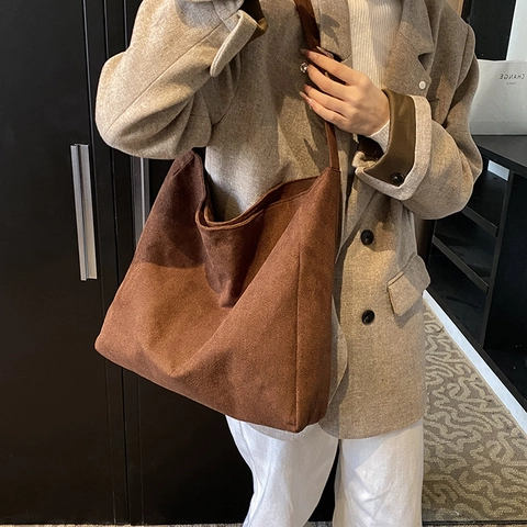 Faux Suede Large Capacity Tote Bag For Women Minimalist Retro Solid Color Hobo Shoulder Bag Daily Commute Underarm Bag