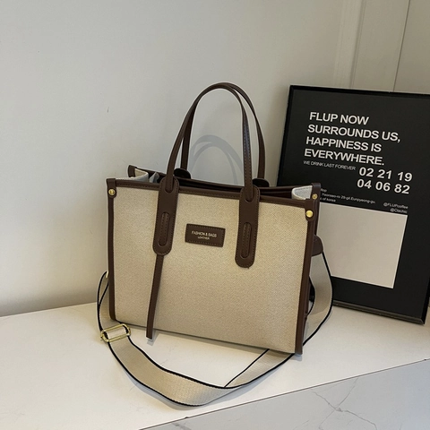 Dames Minimalistische Canvas Tragetasche Synthetisch Leer Splitsen Grote Capaciteit Schoudertas Handtas Voor Dagelijks Werk