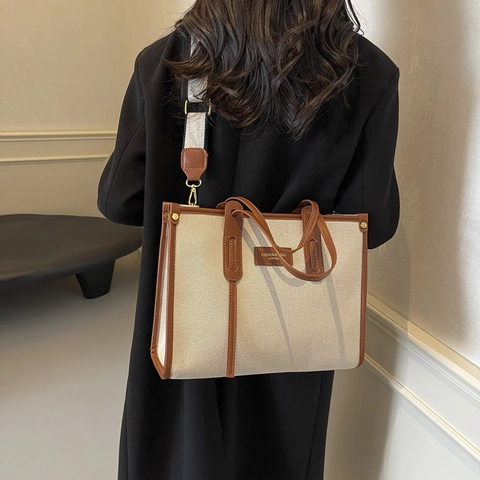 Dames Minimalistische Canvas Tragetasche Synthetisch Leer Splitsen Grote Capaciteit Schoudertas Handtas Voor Dagelijks Werk