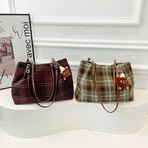 Bolso Tote De Cuadros Vintage Gran Capacidad Bolso De Hombro De Lana Con Correa De Cadena Metálica Para Mujer