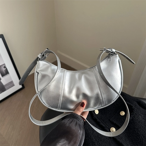 Women Solid Color PU Leather Hobo Shoulder Bag Large Capacity Casual Underarm Bag For Commuting Fashion Crescent Bag