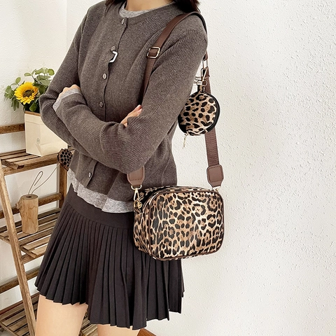 Leopard Print Crossbody Bag And Round Coin Purse Wide Fabric Strap Shoulder Bag Fashion PU Leather Camera Bag For Women Daily Decor