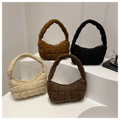 Women Puffy Quilted Underarm Bag Solid Color Padded Hobo Handbag Lightweight Soft Shoulder Bag Korean Style
