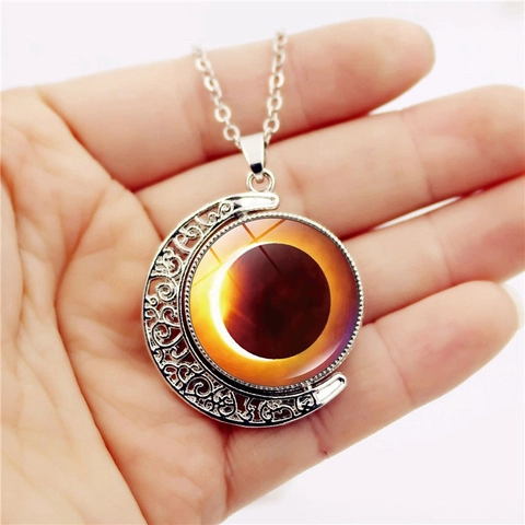 Rotating Solar Lunar Eclipse Pendant Necklace Double Sided Crescent Moon Zinc Alloy Glass Celestial Jewelry For Unisex