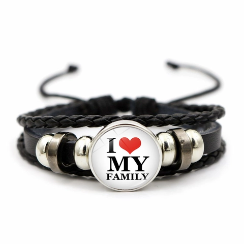 Multi Layer Braided Faux Leather Bracelet Alloy Glass I Love My Family Heart Charm Adjustable Punk Jewelry For Unisex