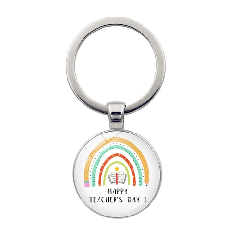 Lehrer Wertschätzung Geschenk Schlüsselanhänger Silber Zinklegierung Glas Anhänger Regenbogen Apfel Design Bester Lehrer Aller Zeiten