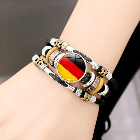 Retro Meerlaags Geweven Kunstleer Armband Nationale Vlag Glas Cabochon Armband Sieraden Voor Fans Mannen Vrouwen Cadeau