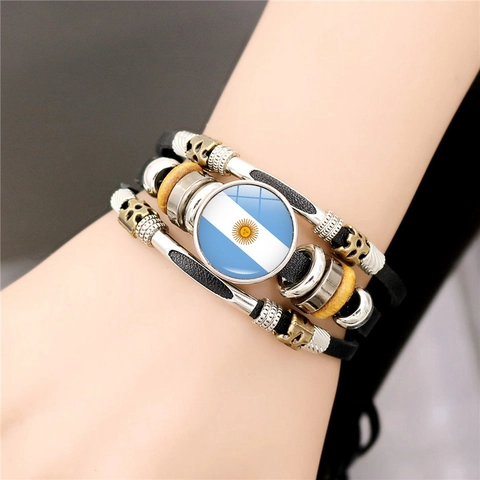 Mehrlagiges Geflochtenes Kunstleder Armband Mit Nationalflagge Glas Cabochon Legierung Holzperlen Punk Stil Für Herren Damen Sportfans Schmuck