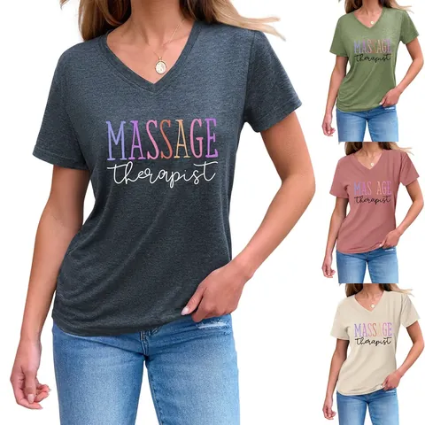 T-Shirt Da Donna Con Scollo A V Misto Cotone Poliestere Stampa Massage Therapist Maniche Corte Nodo Laterale Top Casual