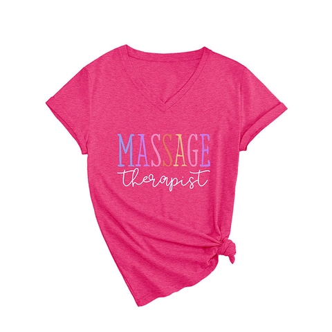 T-Shirt Da Donna Con Scollo A V Misto Cotone Poliestere Stampa Massage Therapist Maniche Corte Nodo Laterale Top Casual