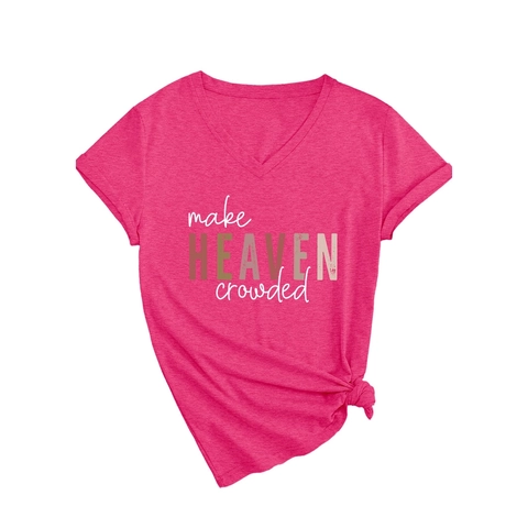 Γυναικείο Casual T Shirt από Μείγμα Βαμβακιού Με V Λαιμόκοψη Κοντό Μανίκι Χαλαρή Εφαρμογή Σύνθημα Εκτύπωση Make Heaven Crowded Top