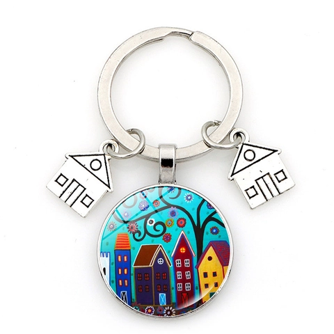 Künstlerisches Landschafts Haus Baum Schlüsselbund Mit Zinklegierung Miniatur Haus Anhänger Glas Cabochon Anhänger Für Tasche Auto Schlüssel Dekor Geschenk