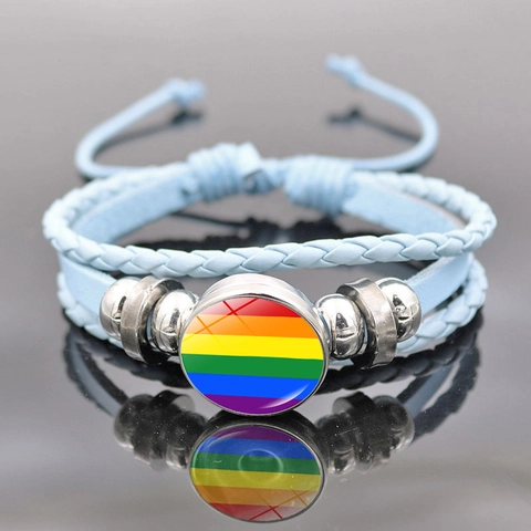 Bracelet en Cuir Tressé Multicouche Drapeau LGBTQ Pride Cabochon en Verre Arc-en-ciel Perles en Alliage Bracelet Ajustable Bijoux Unisex