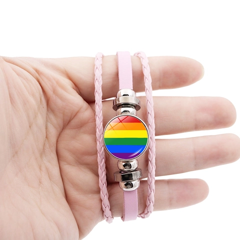 Bracelet en Cuir Tressé Multicouche Drapeau LGBTQ Pride Cabochon en Verre Arc-en-ciel Perles en Alliage Bracelet Ajustable Bijoux Unisex